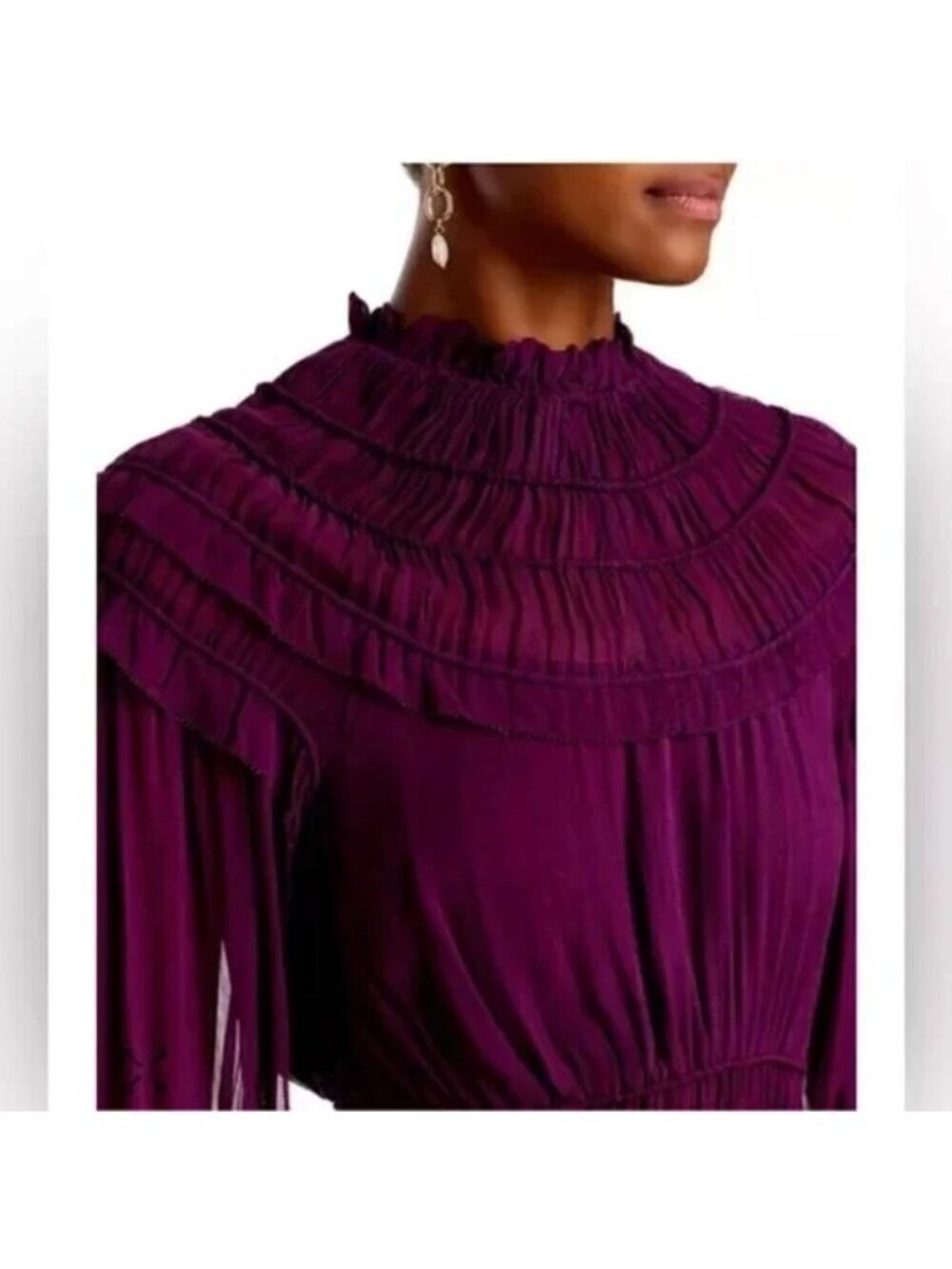 Farm Rio Romantic Ruffle Smocked Boho Long Sleeve Blouse Top Burgundy Size XS - Picture 6 of 9